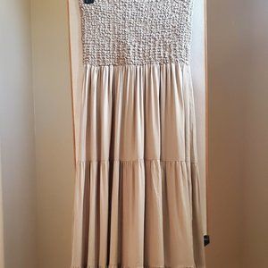 Michael Kors Strapless Smocked Tiered Khaki Maxi Dress. Size: S